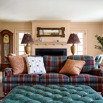 a plaid sofa in a 1780s farmhouse in maryland designed by washington, d.c. based designer, cameron ruppert.